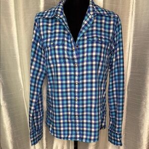 North Face Women’s Medium Blue White Checkered Pearl Snap Up Long Sleeve Top